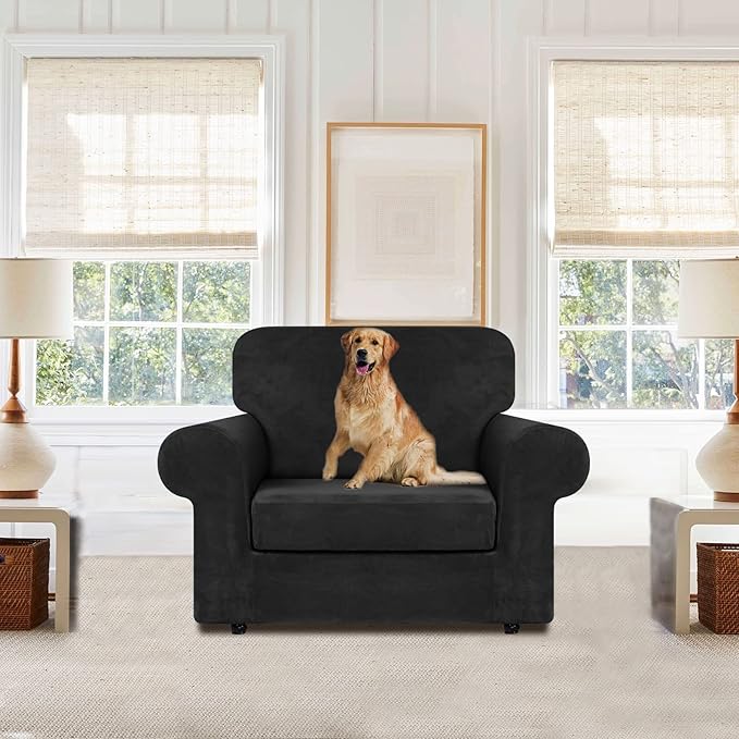 WEERRW Velvet Stretch Chair Sofa Slipcover - 2 Pieces Luxury Soft Velvet Plush Couch Cover Furniture Protector with Elastic Bottom for Pets, Machine Washable, Black, Small