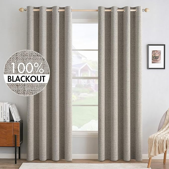 MIULEE Linen Curtains for Bedroom Solid 100% Blackout Thermal Insulated Greige Curtains Grommet Room Darkening Drapes for Living Room Nursery 52x84 Inch (2 Panels)