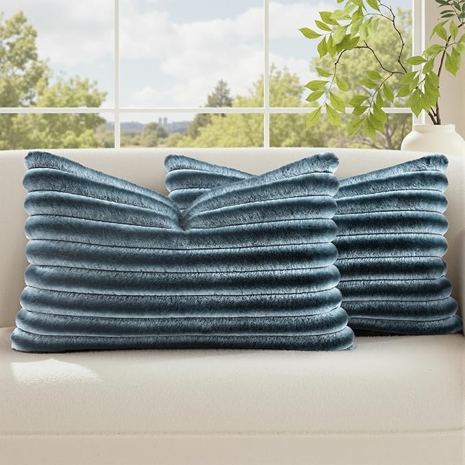 decorUhome Cozy Faux Fur Throw Pillow Covers 12x20 Set of 2 Decorative Soft Plush Striped Lumbar Modern Farmhouse Boho Couch Pillow Cases with Velvet Back for Sofa Bed Living Room, Blue Grey