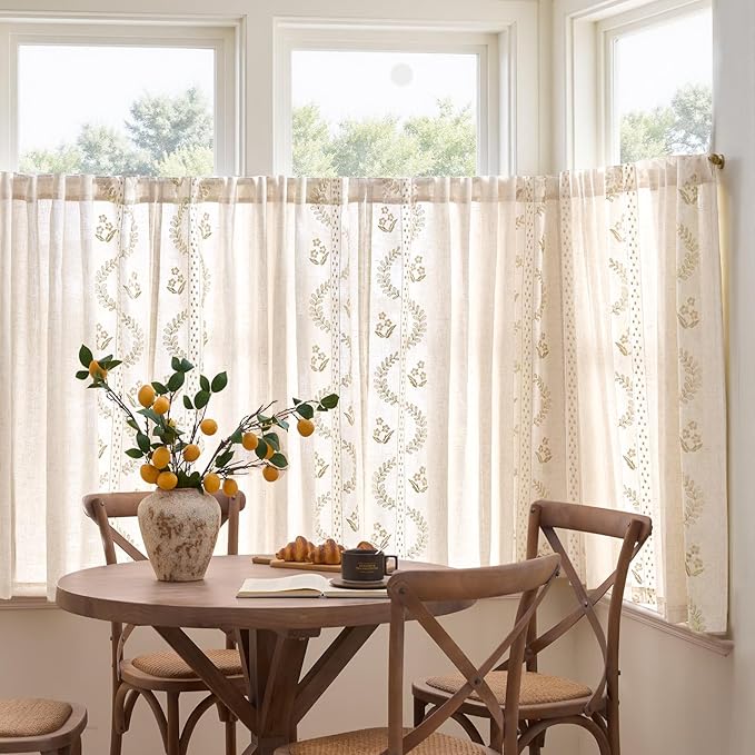 jinchan Belrose Linen Floral Cafe Curtains 45 Inch Length Embroidered Farmhouse Curtains for Kitchen Bedroom Bathroom Small Windows Curtain Set Light Filtering 2 Panels Beige