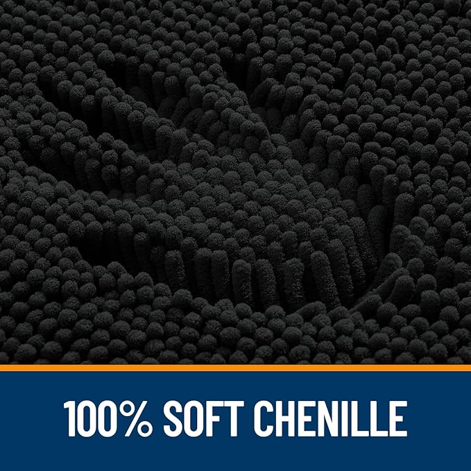 Bath Rugs 47 x 32 Inch Chenille, Quick-Dry Rubber-Backed, Black