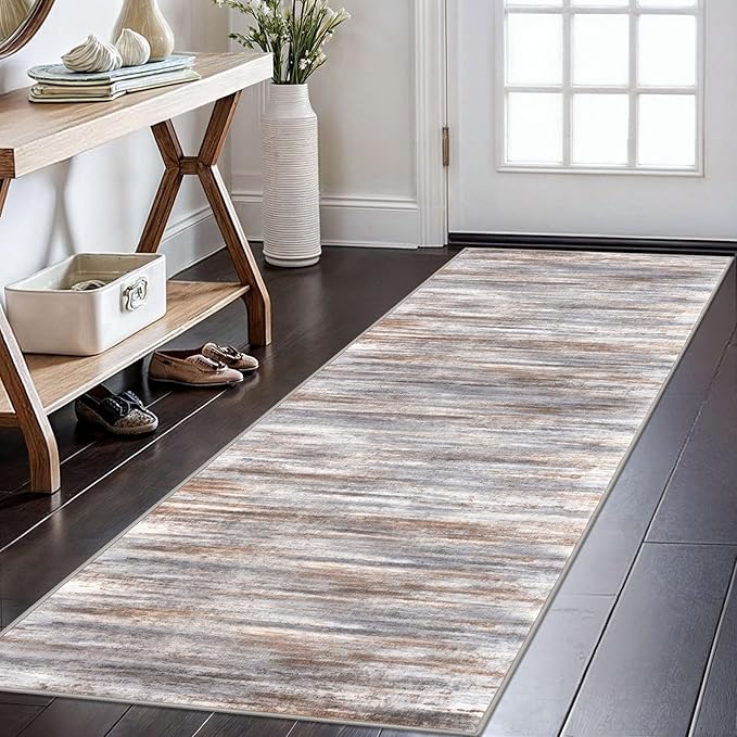 KOZYFLY Modern Abstract Kitchen Runner Rug, 2x6 Washable Rug Runner Non-Slip Soft Striped Hallway Runner Rugs, Grey Brown Print Carpet Runner for Entryway Bathroom Laundry Room Foyer