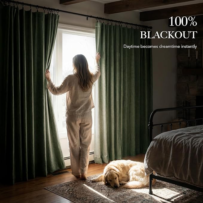 RYB HOME Forest Green 100% Blackout Linen Curtains 84 Length 52 Width, Privacy Assurd & Thermal Insulated Drapes for Bedroom/Sliding Door, Rod Pocket&Back Tab Modern Fashion Style, 2 Panels