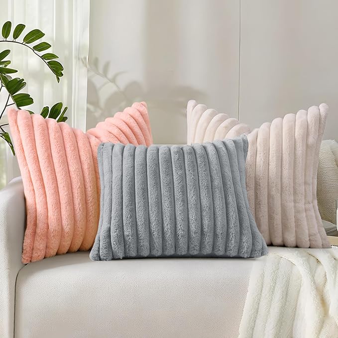 decorUhome Cozy Faux Fur Throw Pillow Covers 18x18 Set of 2 Decorative Soft Plush Striped Modern Farmhouse Boho Couch Pillow Cases with Velvet Back for Sofa Bed Living Room, Grey