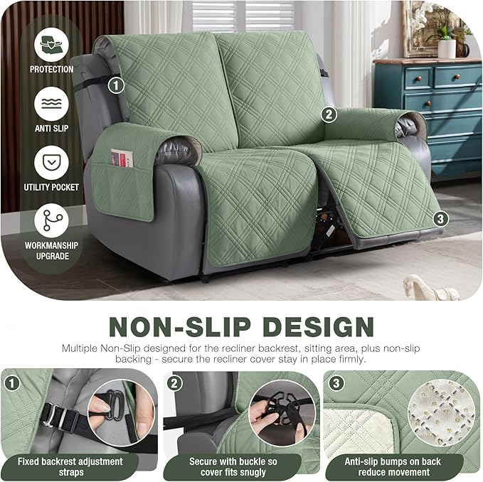 TAOCOCO 100% Waterproof Loveseat Recliner Covers 2 Seater, Split Loveseat Covers for Reclining loveseat, Non Slip Reclining Couch Cover with Double Straps for Kids, Pets(2 Seater, Sage Green)