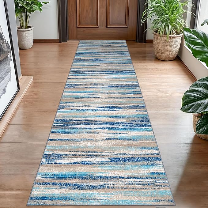 Lansny Modern Abstract Hallway Runner Rug, Blue Washable Kitchen Runner Non-Slip Soft 2x8 Runner Rug Thin Print Faux Wool Carpet for Entryway Bedroom Laundry Room Indoor