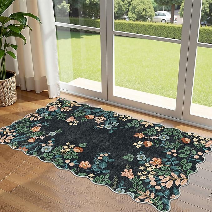 Front Door Mat Indoor Entrance - 2x4.3 Ft Black Floral Washable Layered Doormat Outdoor Entrance Porch Rug Non-Slip Boho Runner Rug for Kitchen Hallway Bedroom Laundry Room Porch Decor