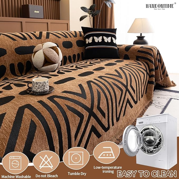 HANDONTIME Boho Couch Cover Geometric Striped Pet Covers for Couches and Sofas Copper Brown and Black Dog Cover for Couch Pet Friendly Chenille Sectional Sofa Covers for Pets Washable, 71" X 118"