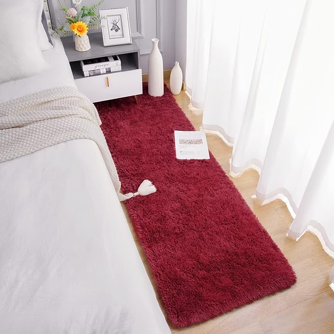 Chicrug Soft Runner Rug for Bedroom Living Room Plush Fluffy Rugs 2x6 Feet, Shag Furry Runner Rug Carpet Non Shedding for Nursery Children Kids Girls Room Home Decorative, Wine Red