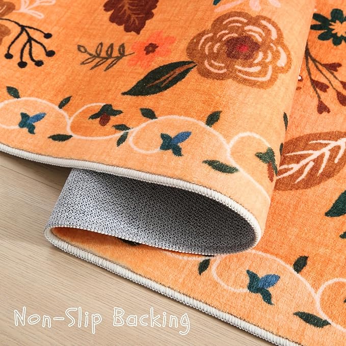 Rugcomf Bedroom Rug 3x5 Rug Washable Area Rug Non Slip Low Pile Boho Floral Small Carpet for Bedroom, Bedside, Kitchen, Entryway, Kids Room, Office, College Dorm Essentials for Girls(Yellow)