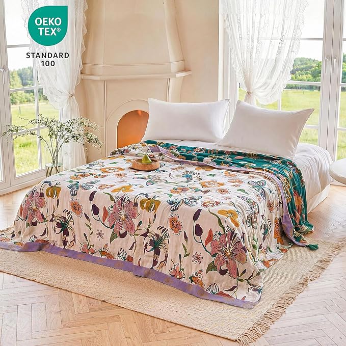 MSGKV Boho Throw Blanket 90"x90" Floral Blanket for Bed 100% Cotton Spring Breathable Lightweight Farmhouse Queen Blankets All Seasons Home Decor Muslin