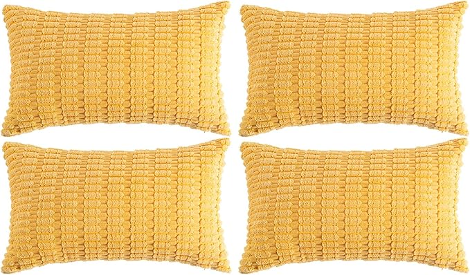 Fancy Homi 4 Packs Yellow Lumbar Decorative Throw Pillow Covers 12x20 Inch for Living Room Couch Bed Sofa, Rustic Farmhouse Boho Home Decor, Soft Striped Corduroy Rectangle Cushion Case 30x50 cm