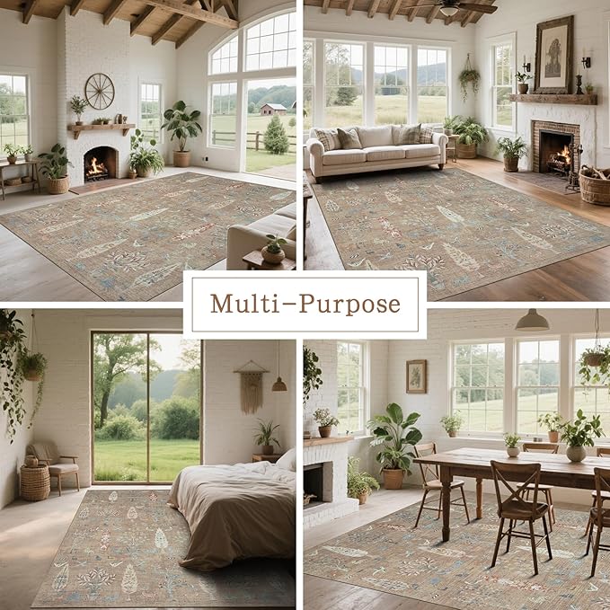 Washable Rugs 8x10 Area Rugs for Living Room,Bedroom,Dining Room-Large Ultra Soft Faux Wool Retro Carpet,Non Slip&Non-Shedding Low Pile Vintage Print Rug for Home Office Dorm Playroom-Terracotta