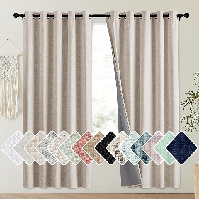 NICETOWN Oatmeal Vintage Open Linen Weave Flax Thermal Curtains, 100% Blackout Curtains 72" Long for Dining Room, Soundproof Window Treatment Drapes for Laundry Room, 62" Wide Per Panel, Set of 2