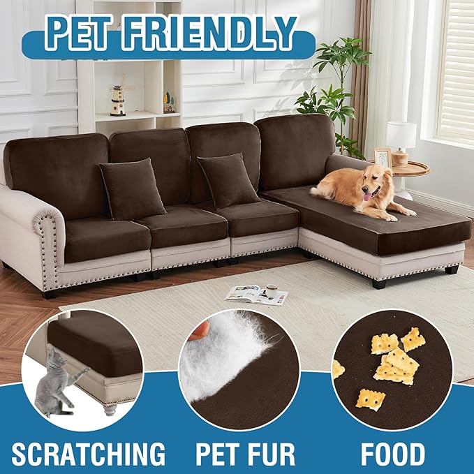 Couch Cover 4-Piece Elastic Velvet Couch Cushion Covers & Chaise Slipcovers for L-Shaped Sofas - Sofa Seat Covers Washable, Soft Protector for Couches (3 Seater + Chaise, Coffee)