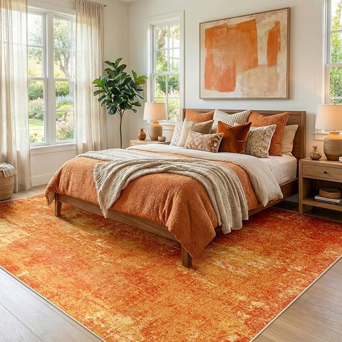 Washable Area Rugs 5'x7' Non-Slip Modern Abstract Soft for Living Room Entryway Bedroom Nursery, Print Pattern, Orange