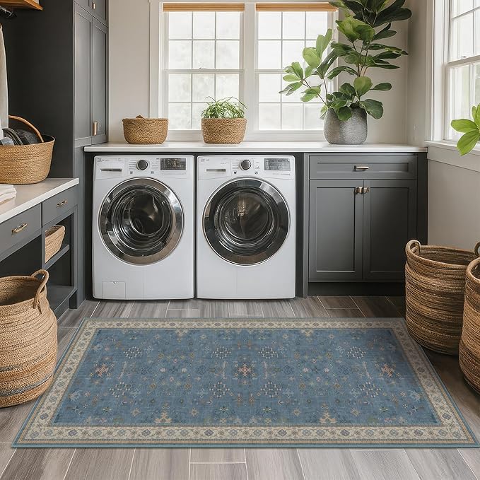 Hazo Haus Boho 2x6 Non Slip Kitchen Rug Runner - Light Blue Washable Rug for Bathroom, Laundry Room, Hallway, Non Slip with Rubber Backing, Floral Eclectic Unique Runner Décor