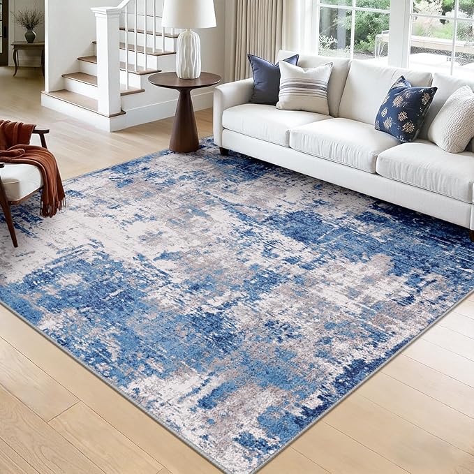 Washable Area Rugs Square 8ft Non-Slip Modern Abstract Soft for Living Room Entryway Bedroom Nursery, Print Pattern, Blue Grey Navy Gray