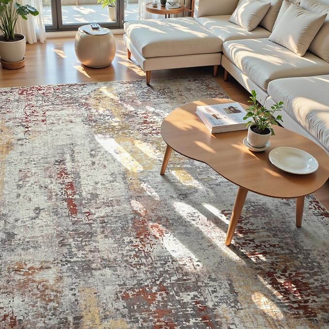 Living Room Rug 9x11 Beige Area Rugs Machine Washable Abstract Boho Large Rug Non-Slip Non-Shedding Faux Wool Indoor Vintage Carpet for Bedroom, Classroom, Dining Room, Kids Playroom