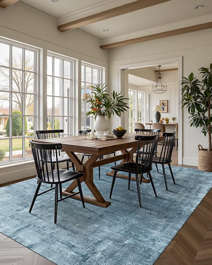Latte&Fog 6x9 Area Rugs for Living Room Bedroom, Blue Modern Abstract Neutral Washable Rug, Boho Non Slip Low Pile Carpet for Dining Room, Dorm, Classroom, College Dorm, Farmhouse and Kids Room - Blue