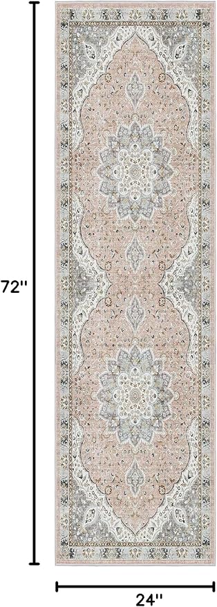Madane Washable Runner Rug - 2x6 Rug Runners for Hallways 6 Feet Non Slip Vintage Kitchen Runner Rug Ultra-Thin Bathroom Runner Rugs Carpet Laundry Room Bedroom (2x6ft, Pink/Gray)