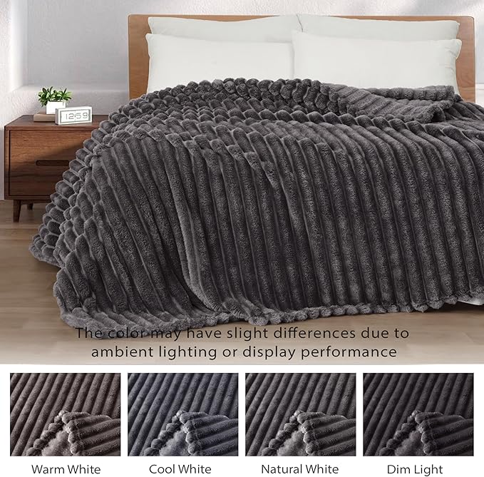 Exclusivo Mezcla Queen Size Flannel Fleece Blanket, Super Soft Striped Jacquard Bed Blanket, Lightweight Fuzzy Cozy for All Seasons, 90x90 Inches, Dark Grey
