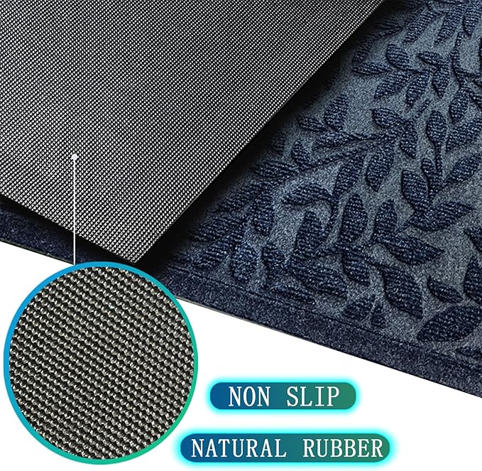 Bulijojo Sturdy Front Entrance Doormats,Durable Heavy Duty Welcome Mat,Thick Absorbent Natural Rubber Non Slip Mat,Easy Clean Entryway Mat Leaves Blue, 47" x 32"