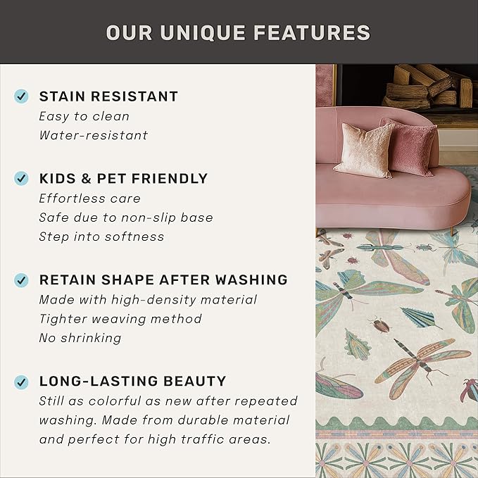Hazo Haus Green and Blue Nursery Rug 5x8 - Washable Soft Area Rugs for Bedroom Under Bed, Living Room, Vintage Floral Butterfly Fun Indoor Floor Decor