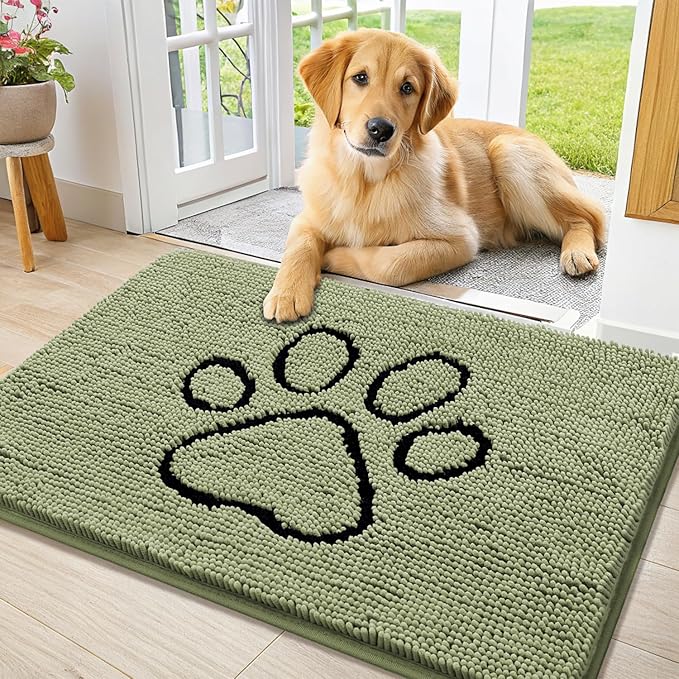 Smiry Dog Door Mat for Muddy Paws, Absorbent Dirt Trapper Non Slip Quick Dry Washable Chenille Mat for Mud Dogs, Entry Rug for Indoor and Outdoor (36x24 Inches, Sage Green and Black)