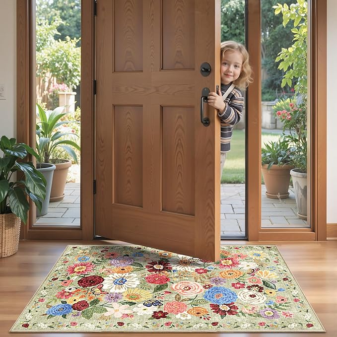 2x4 Entryway Runner Rugs, Non Slip Washable Rugs with Rubber Backing Soft Floral Carpet Runner for Kitchen, Laundry, Bedroom, Bathroom(2 x 4, Green Garden)