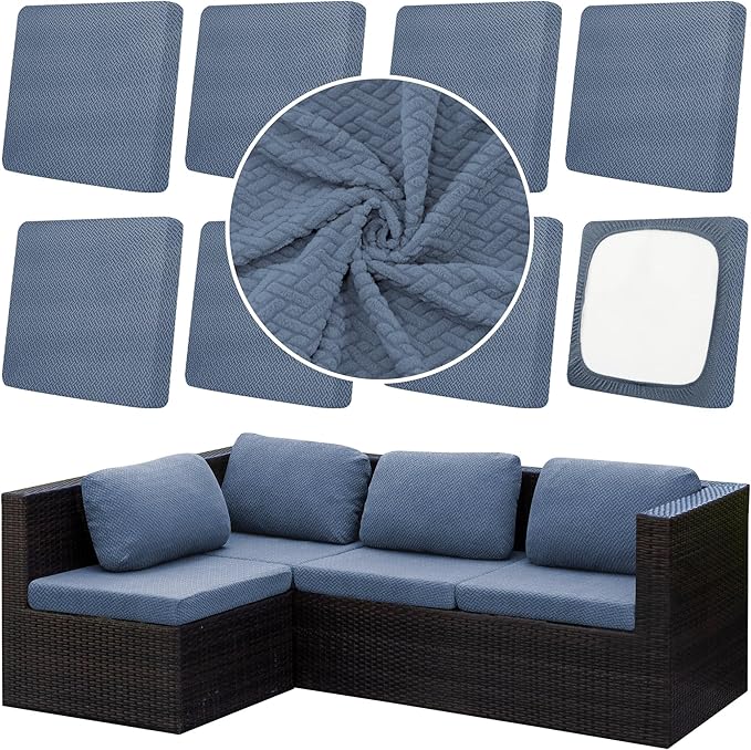 8Pcs Outdoor Cushion Covers,Patio Cushion Covers,Stretch Elastic Slipcovers,Replacement Washable & Reusable Furniture Protector for Patio Couch,Jacquard Textured Twill Fabric(Grey Blue)