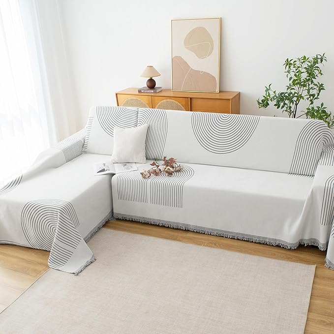 Couch Cover for Dogs, Boho Sofa Covers for 3 Cushion Couch, Chenille Sofa Slipcover for Pets Washable, L-Shape Sectional Couch Loveseat Cover Soft Throw Blankets with Tassels(71x134,Arc Grey)