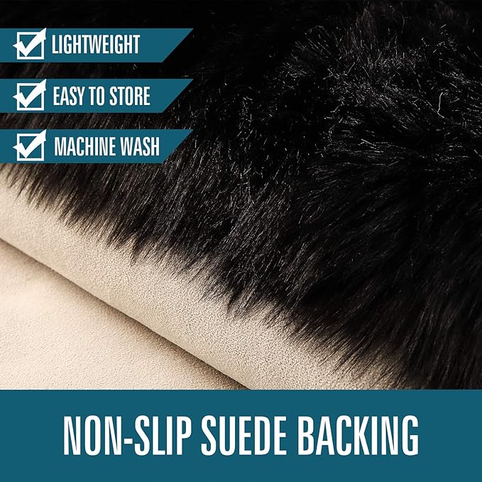 LOCHAS Soft Fluffy Faux Fur Rugs for Bedroom Bedside Rug 3x5 Feet, Washable, Furry Sheepskin Area Rug for Living Room Girls Room, Luxury Shag Carpet Home Decor, Black