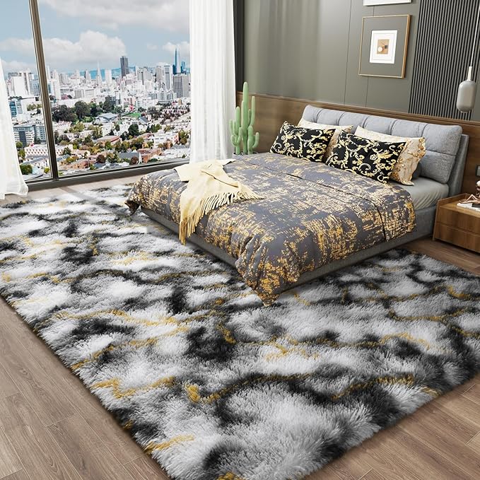 LOCHAS Ultra Soft Indoor Modern Area Rugs Fluffy Living Room Carpets for Children Bedroom Home Decor Nursery Rug 8 x10 Feet, Grey-Gold