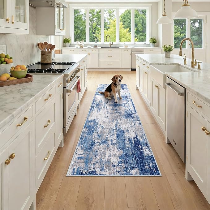 Washable Area Rugs 2x7 Non-Slip Modern Abstract Soft for Living Room Entryway Bedroom Nursery, Print Pattern, Blue Grey Navy Gray