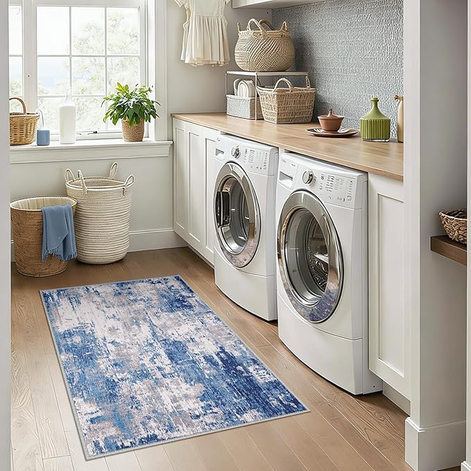 Washable Area Rugs 3x4 Non-Slip Modern Abstract Soft for Living Room Entryway Bedroom Nursery, Print Pattern, Blue Grey Navy Gray