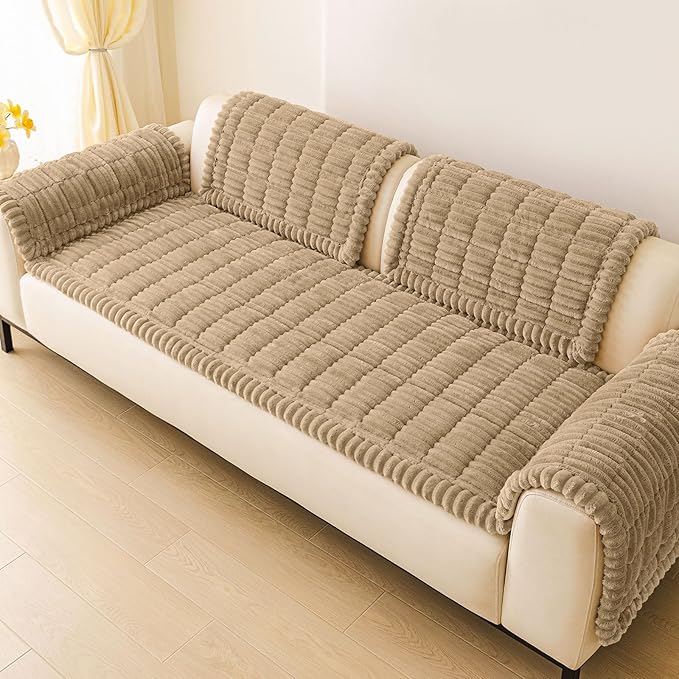 hyha Couch Covers for Dogs Washable, Non Slip Plush Dog Sofa Protectors, Fuzzy Pet Couch Covers for 3 Cushion Sofa Pet Friendly (Khaki, 27.6" x 82.7")