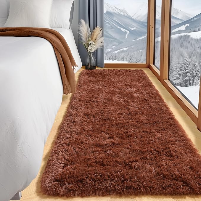 ONASAR Brown Runner Rugs for Bedroom Living Room, Fluffy 2x6 Bedside Hallway Area Rug, Ultra Soft Plush Furry Faux Fur Non Slip Floor Carpet for Nursery Kids Dorm Closet Home Decor