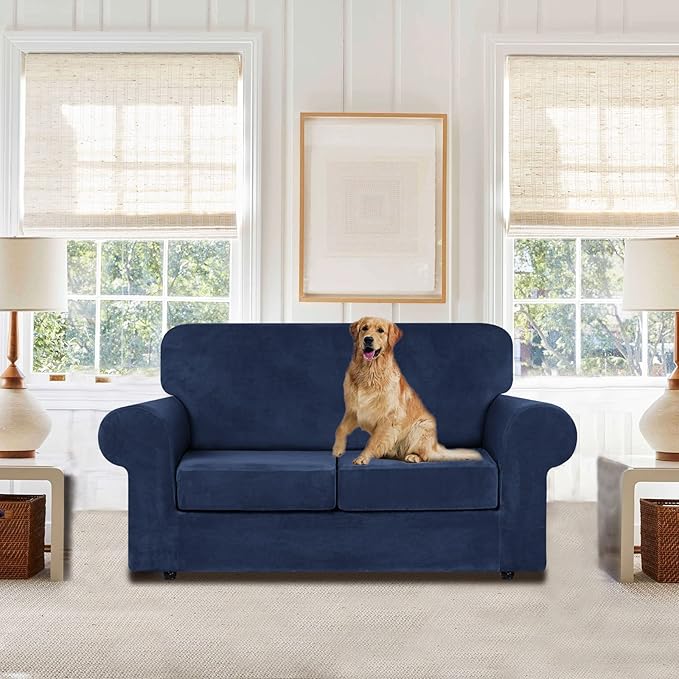 WEERRW Velvet Couch Covers for 2 Cushion Couch Sofa - High Stretch Luxury Velvet Plush 3 Pieces Sofa Slipcovers with Elastic Bottom, Furniture Protector for Pets, Machine Washable, Navy Blue, Medium
