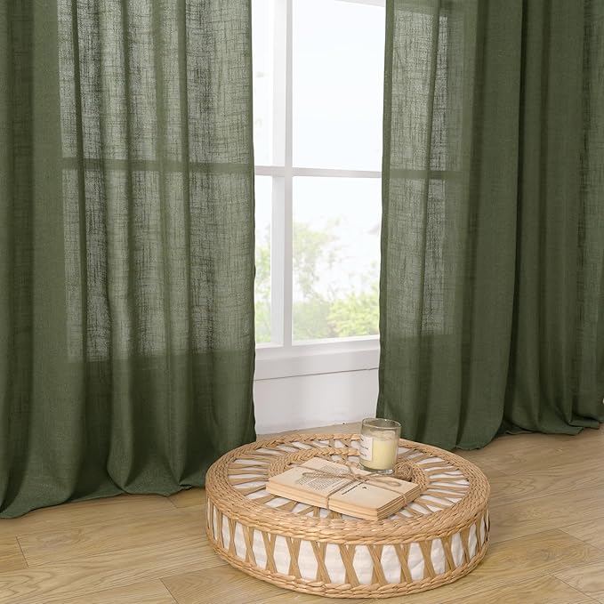 LAMIT Christmas Short Linen Curtains 36 Inch Length 2 Panels, Olive Green Light Filtering Panels Back Tab and Rod Pocket Neutral Cafe Drapes for Bathroom/Small Windows, 34 x 36 Inch