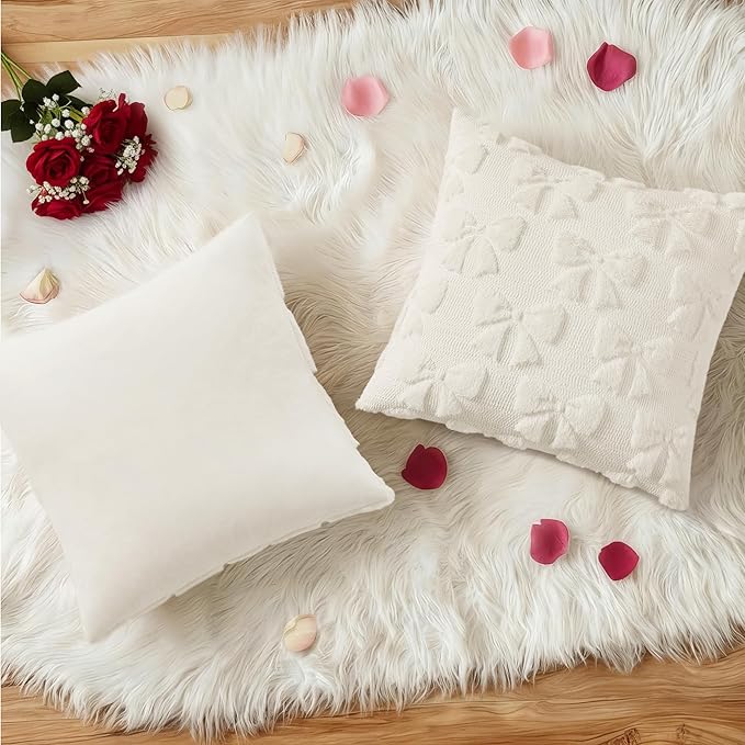 decorUhome Cream White Bow Pillow Covers Set of 2 Coquette Aesthetic Cute Preppy Plush Faux Pillowcases for Girly Bedroom or Couch 18x18 Inch