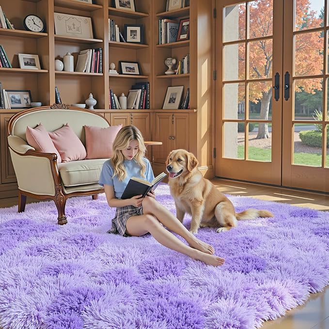 Area Rugs 10x14 Living Room, Shaggy Carpet Soft Plush Furry Bedside Rug Large Area Rugs for Bedroom Kids Girls Boys Home Decor Anti Slip(10 x 14, Purple Starry)