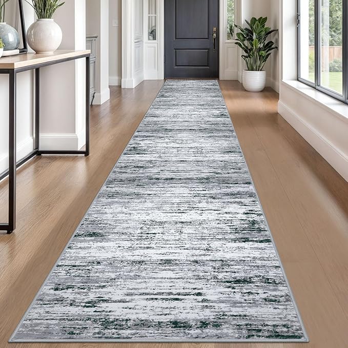 Lansny Modern Abstract Runner Rug 2.6x18, Black Grey White Washable Long Kitchen Runner Non-Slip Soft Hallway Rug Runner Thin Print Faux Wool Carpet for Entryway Bedroom Laundry Room Indoor Home Decor