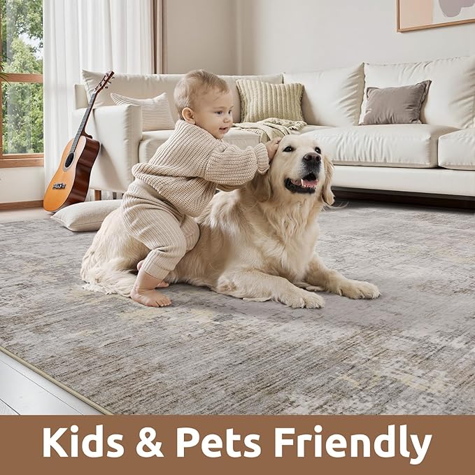 AMOAMI 2 x 10 Hallway Runner Rug Non Slip Super Soft Long Runner Rugs Machine Washable Low Pile Modern Abstract Runners for Hallways for Bedroom Laundry Room Kitchen, Beige