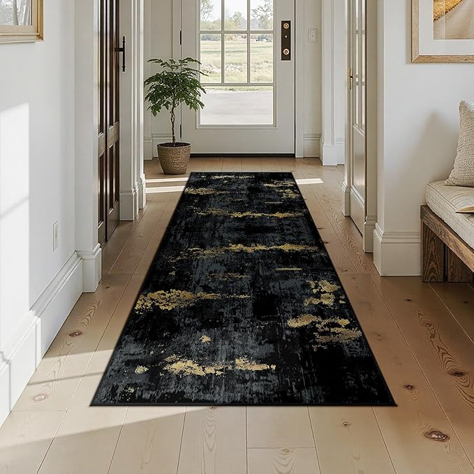 Washable Area Rugs 2'6''x8 Non-Slip Modern Abstract Soft for Living Room Entryway Bedroom Nursery, Print Pattern, Dark Black Gold