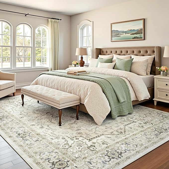 Lofus 5x7 Area Rugs for Living Room, Washable Area Rug, Rugs for Bedroom, Kitchen, Vintage Boho Carpet, Soft Non-Slip, Low Pile Large Area Rug for Office Dining Room, Beige and Brown