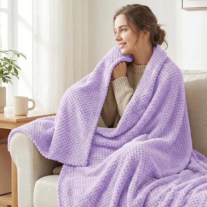 Exclusivo Mezcla Fleece Throw Blanket Extra Large, Super Soft and Warm Blankets for Couch, Sofa and Bed Waffle Textured, Cozy, Fuzzy and Lightweight (Lilac Purple, 50x70 Inches)
