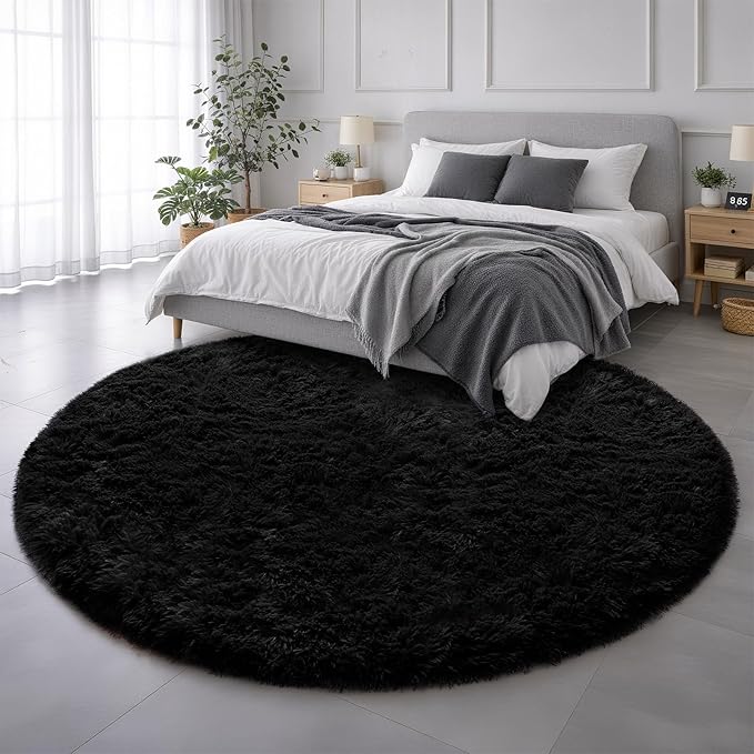 Black Round Rug 7Ft for Bedroom Aesthetic, Fluffy Plush Circle Area Rugs for Living Room, Large Big Fuzzy Modern Cool Carpet for Baby Kids Teen Boys Mens, Office Playroom Nursery Apartment Home Decor