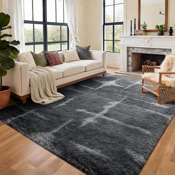 Area Rugs for Living Room, 6x9 Feet Soft Fluffy Shagg Plush Rug High Pile Large Non-Slip Floor Carpet for Bedroom Nursery Kids Home Dorm Decor Grey Star