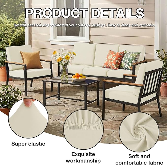 hyha 4Pcs Patio Cushion Covers, Stretch Outdoor Couch Cushion Covers Replacement, Washable Outdoor Chair/Sofa Slipcovers for Patio Furniture Cushions Protector with Elastic Bottom(Beige,Cover Only)